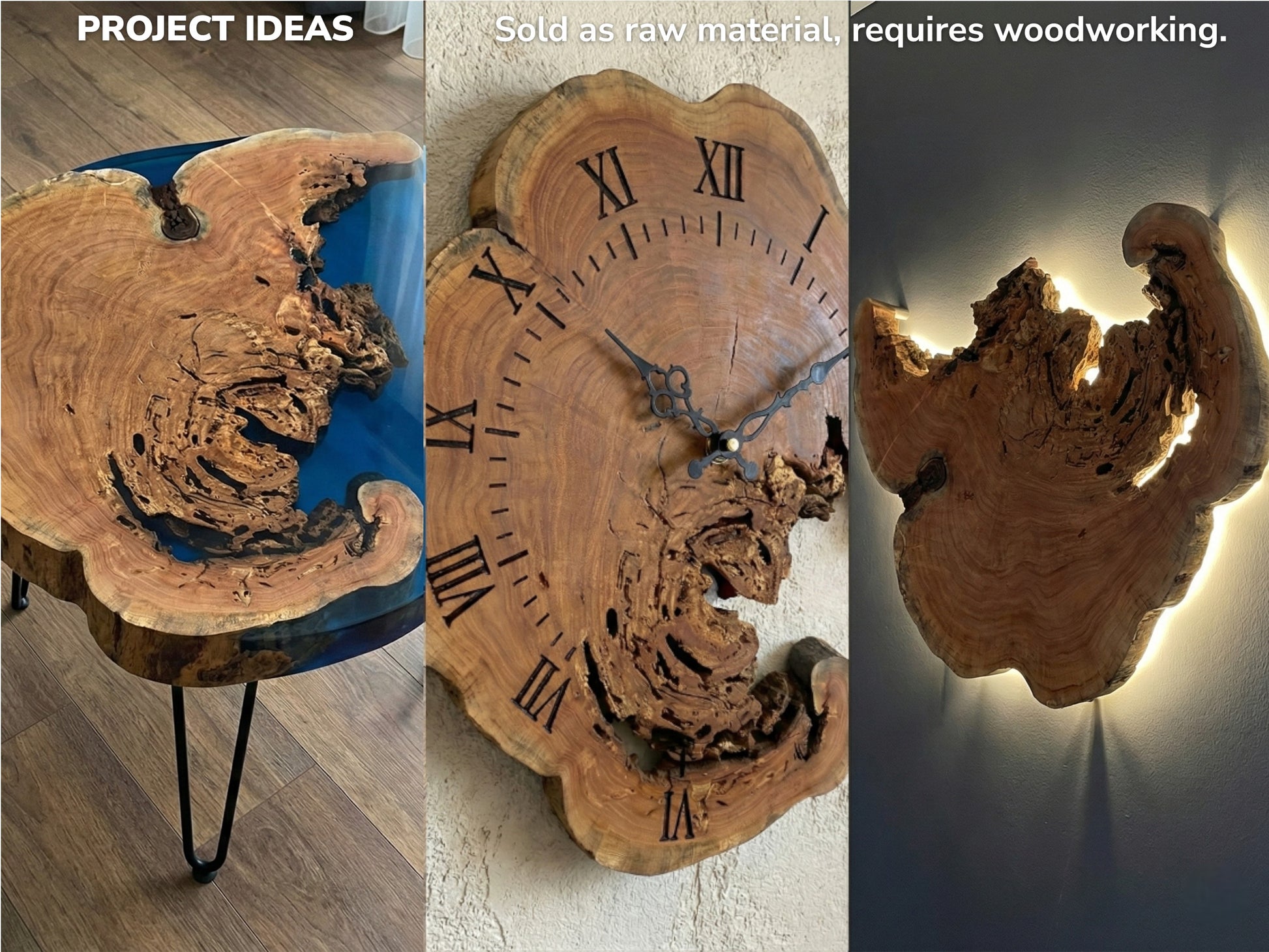 A collage of inspirational project ideas: a resin table, a clock, and backlit wall art.