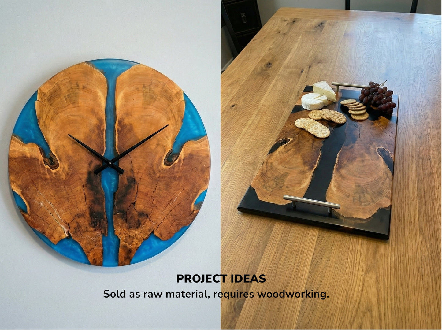 Collage displaying a round blue resin clock and a serving tray with text regarding woodworking project ideas.