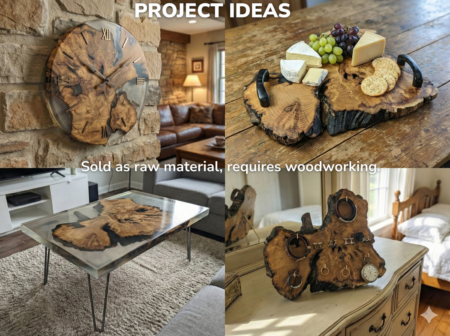Collage displaying project ideas for wood, including a clock, serving tray, coffee table, and jewelry holder.