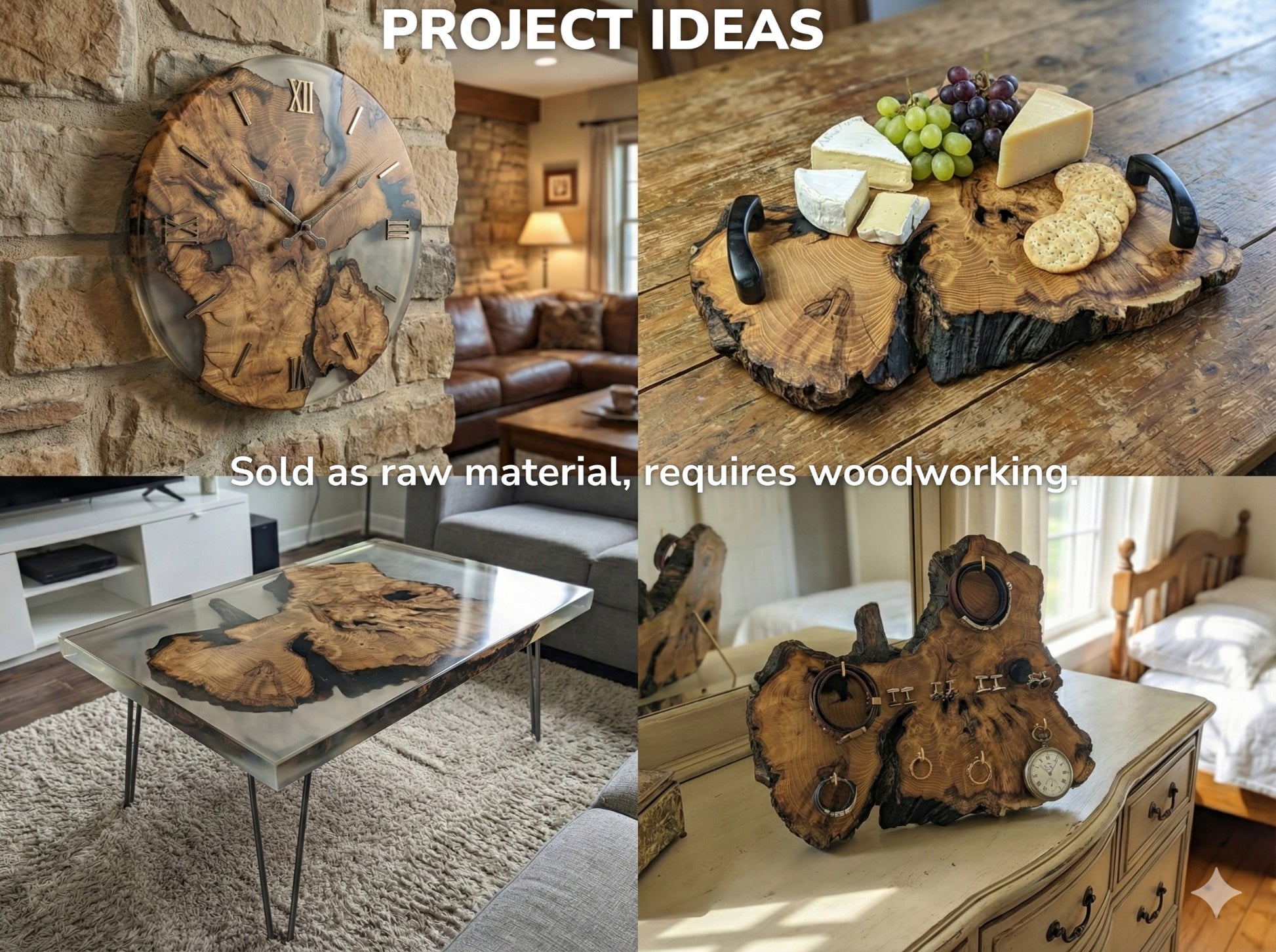 Collage displaying project ideas for wood, including a clock, serving tray, coffee table, and jewelry holder.