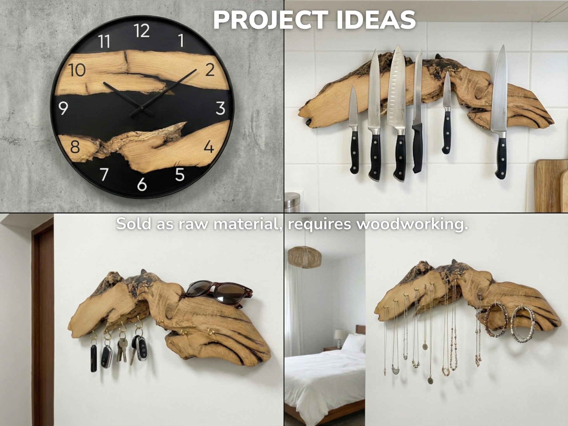Collage showing project ideas: epoxy clock, knife rack, key holder, and jewelry organizer mounted on walls.