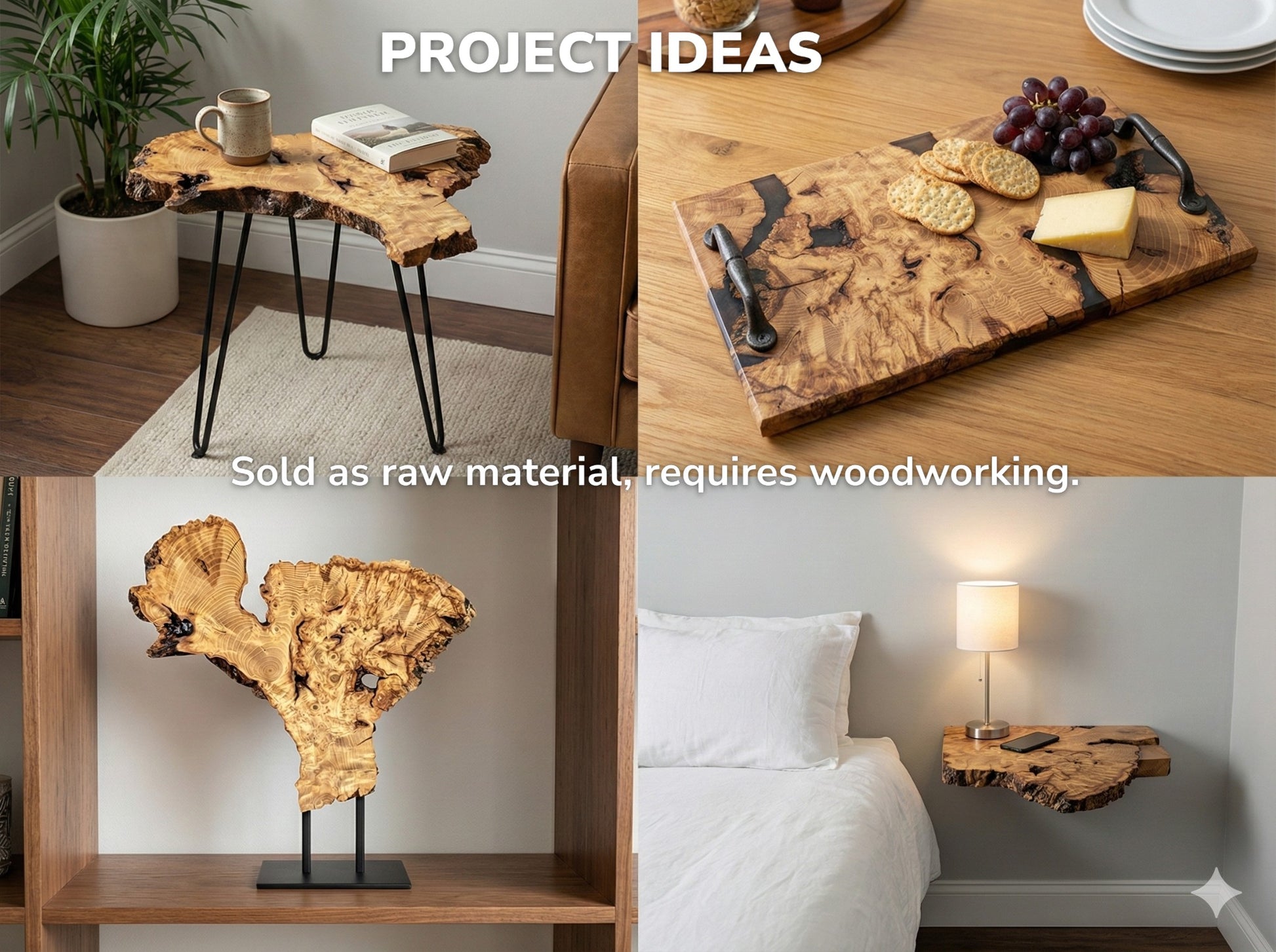A collage displays live edge wood project ideas: table, serving tray, sculpture, and floating shelf.