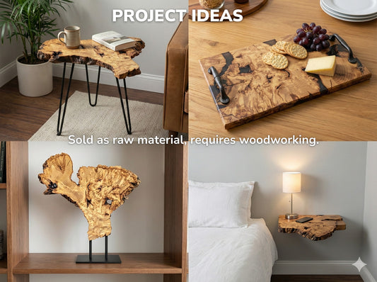 A collage displays live edge wood project ideas: table, serving tray, sculpture, and floating shelf.