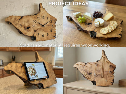 Collage showing four uses for wood slice: wall clock, serving board, tablet stand, and jewelry display.