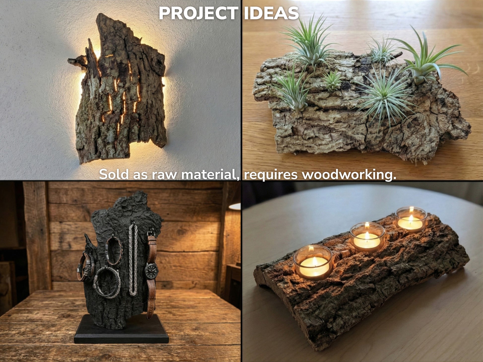 Collage displaying wood bark crafted into a wall lamp, air planter, jewelry stand, and candle holder.