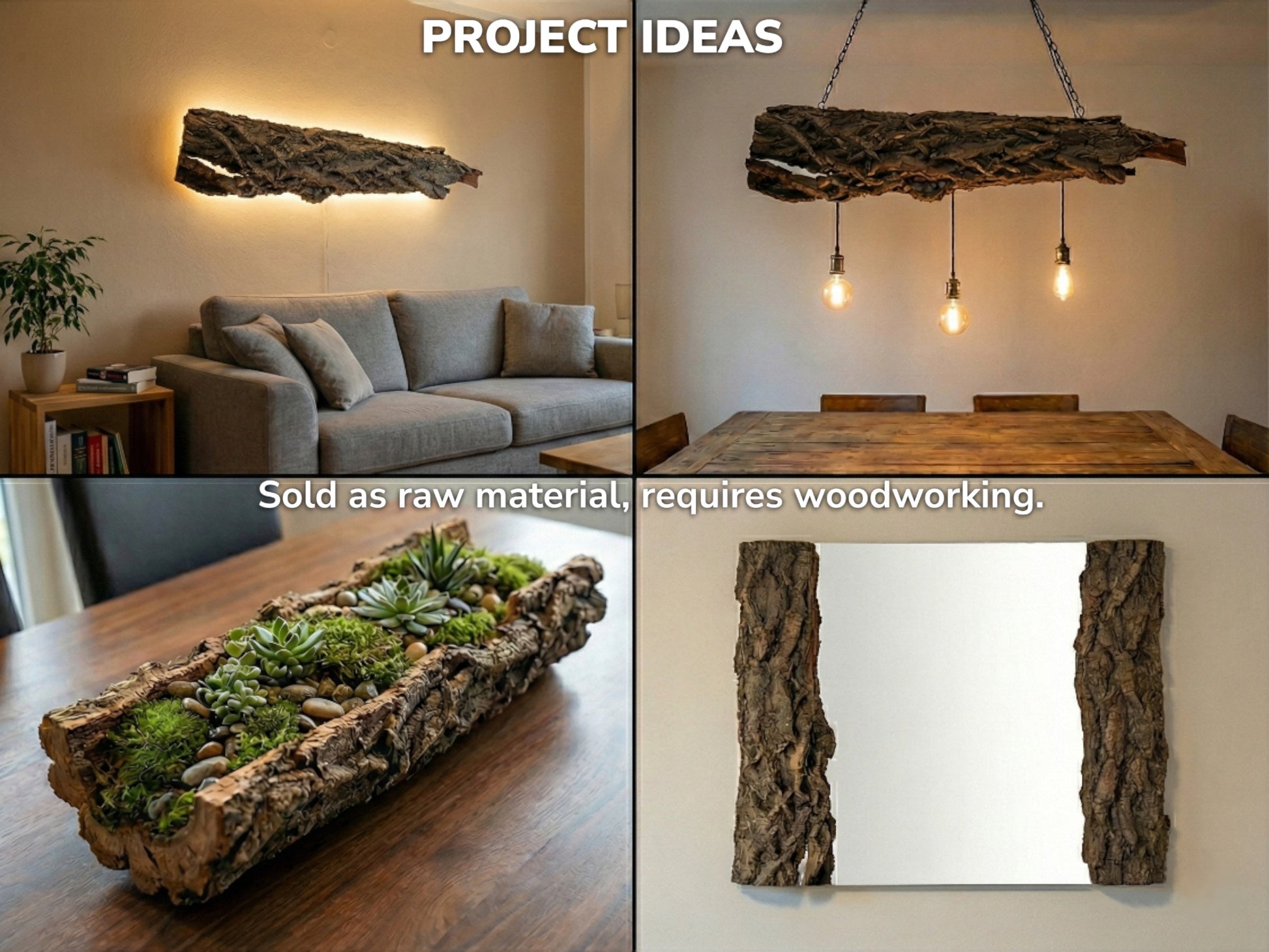 Collage displaying wood bark projects: wall sconce, pendant light, succulent planter, and mirror frame with text.