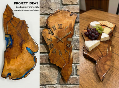 A collage shows three finished wood slab projects: epoxy art, a clock, and cheeseboard.