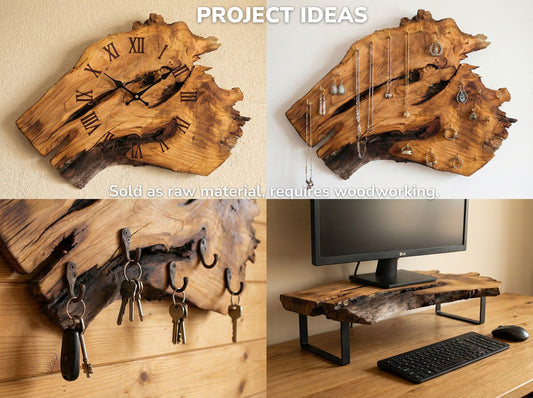 A four-panel collage with text showing finished wood slabs as a clock, jewelry holder, and monitor stand.