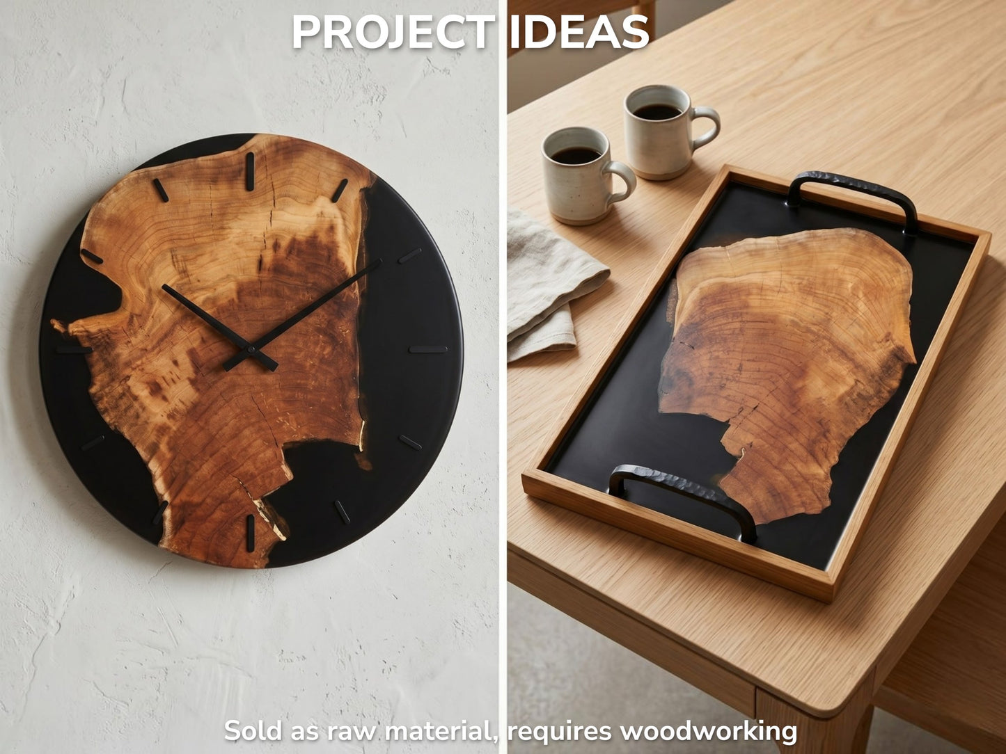 Two cherry wood slices, one as a clock and one in a tray, with black resin.