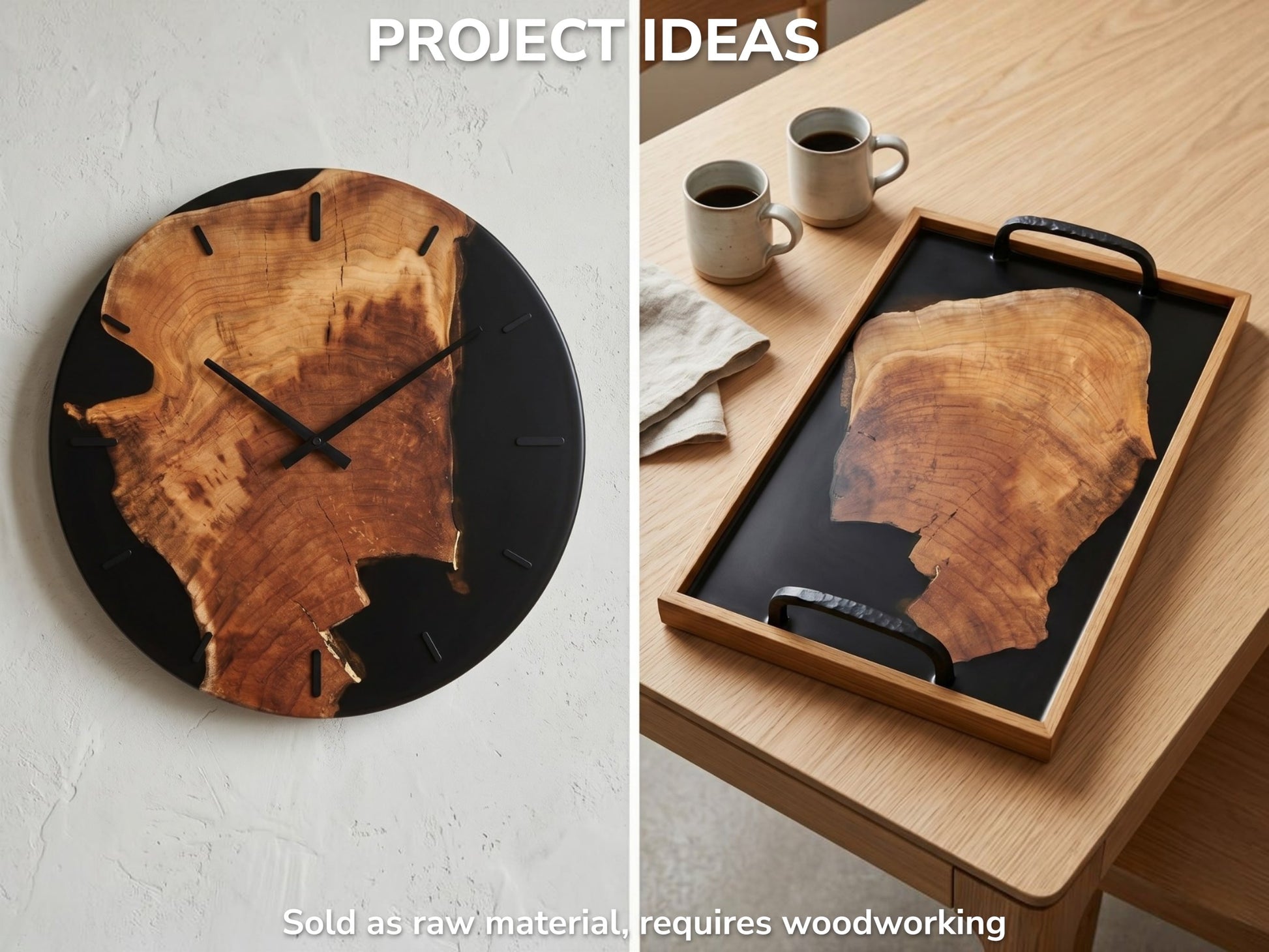 Two cherry wood slices, one as a clock and one in a tray, with black resin.