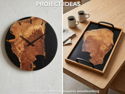 Two cherry wood slices, one as a clock and one in a tray, with black resin.