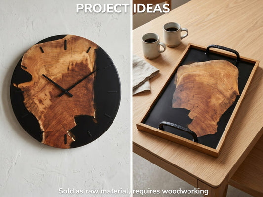 Two cherry wood slices, one as a clock and one in a tray, with black resin.
