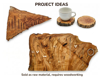 Three cherry wood pieces, one engraved, one with jewelry, and two coasters with a mug.