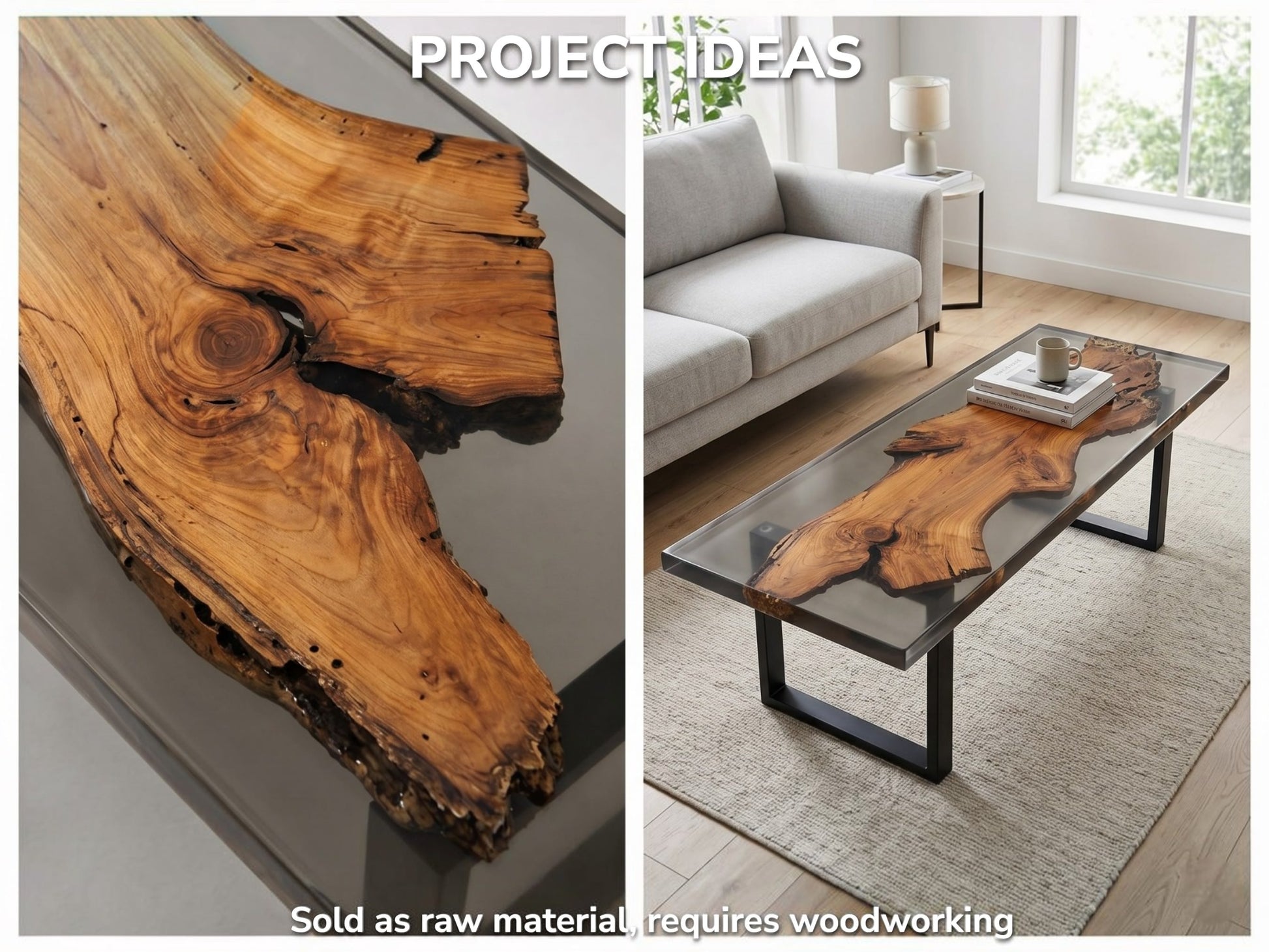 A cherry wood slab with live edges, natural cracks, and knots, shown as raw material and a finished epoxy resin table.
