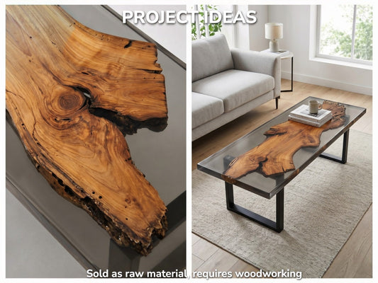 A cherry wood slab with live edges, natural cracks, and knots, shown as raw material and a finished epoxy resin table.