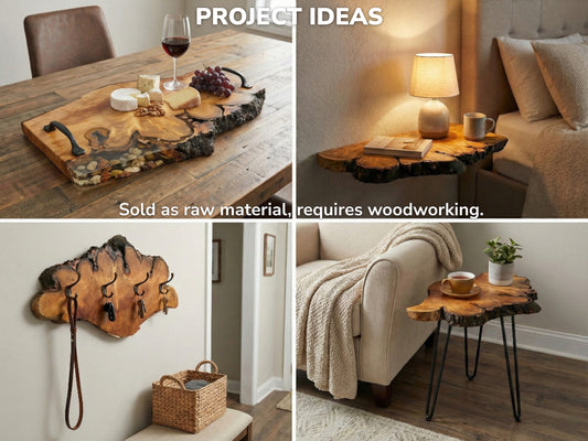Collage displaying various project ideas for live edge wood, including a serving board, shelf, and tables.
