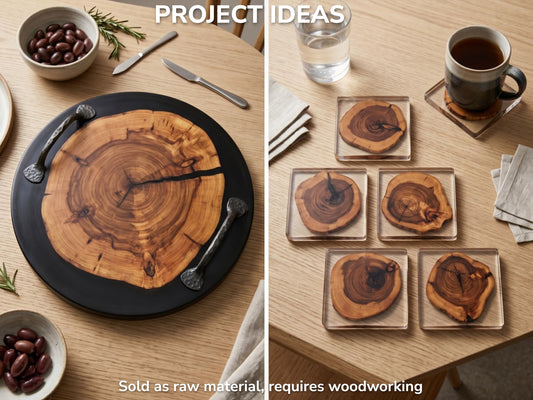 A large pine wood slice serving tray and five smaller pine wood slice coasters on a table.