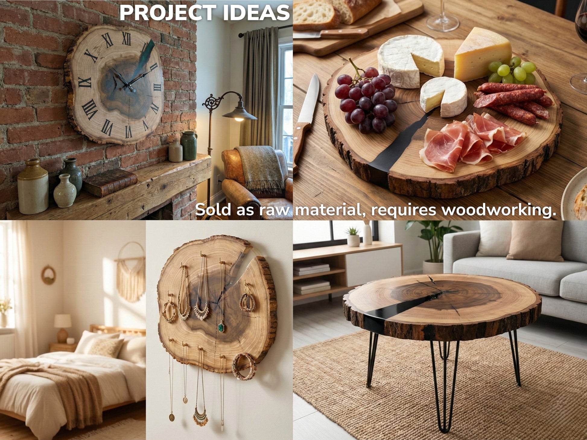 Collage with 'PROJECT IDEAS' text showcasing various wood slice projects. Includes raw material and woodworking disclaimer.