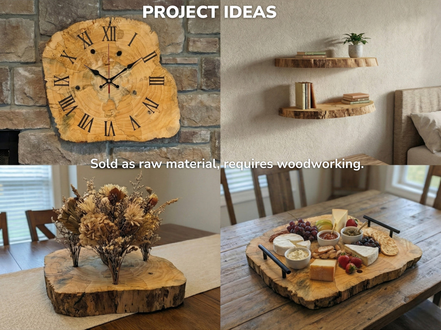 A photo grid shows rustic log discs crafted into a clock, shelves, and serving boards.