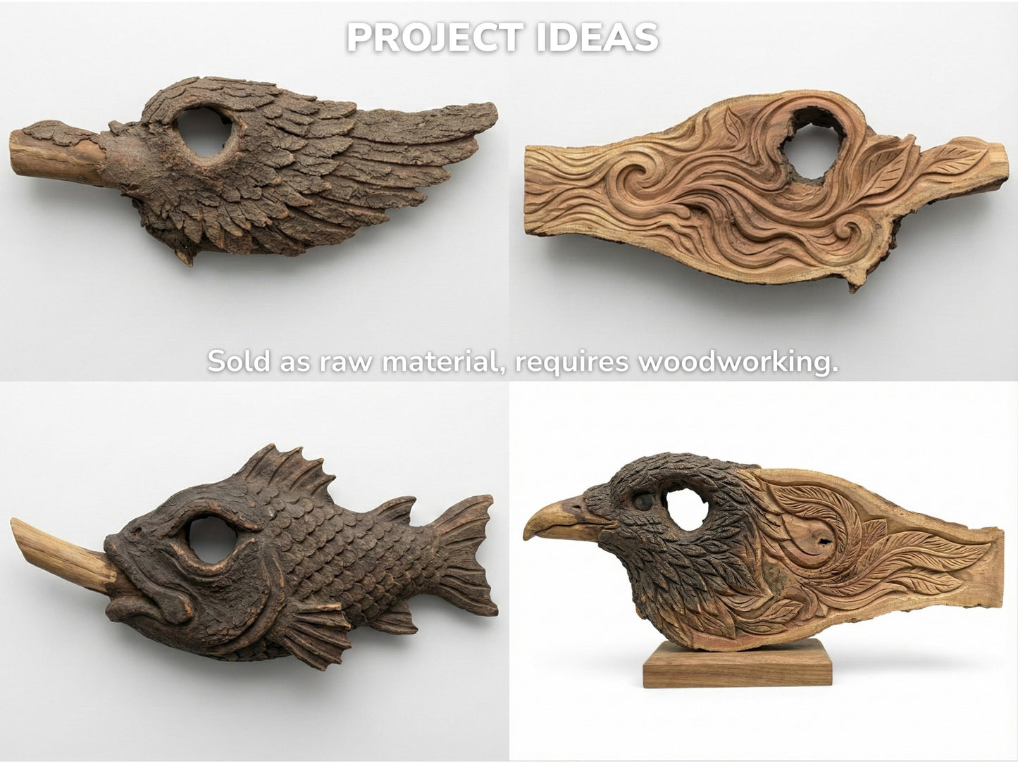 Four examples of intricate wood carvings: a bark wing, swirling patterns, a fish, and an eagle.