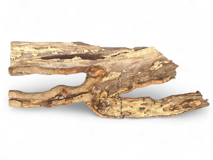 Gnarled, elongated driftwood piece with varied brown tones, flaky texture, and two prominent, weathered branch sections.