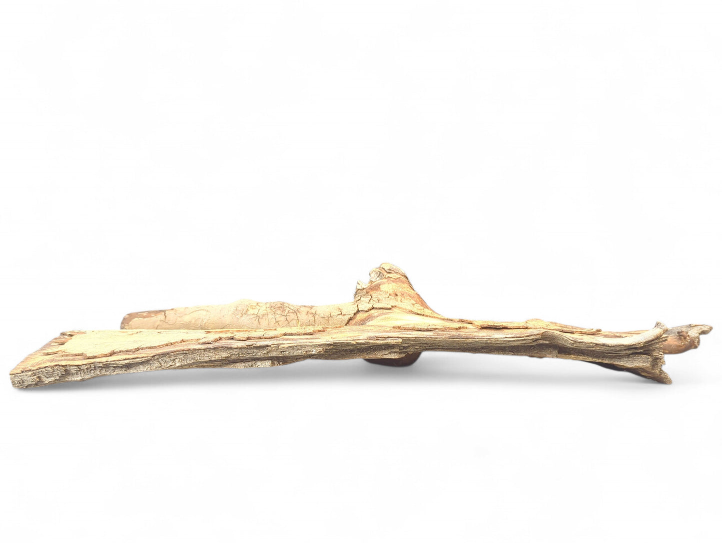 Horizontal, light brown driftwood piece with a flattened middle section and deeply fissured texture.