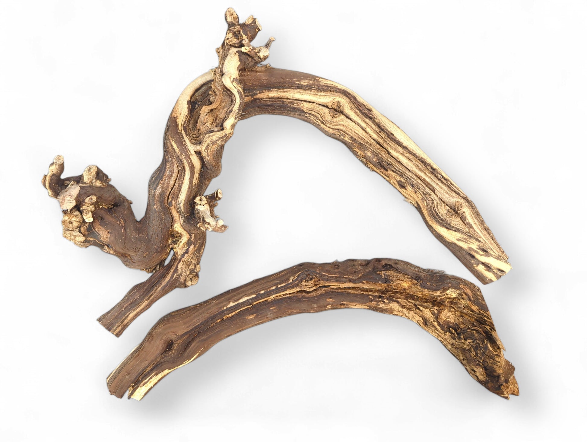 Two untreated, weathered vine wood branches, dark brown with swirling light tan grain, on a white background.