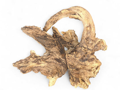 Weathered, gnarled wood burl sculpture in earthy brown tones with a deeply textured, cracked surface.