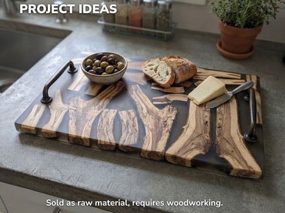 A project idea: a serving tray featuring live edge wood pieces embedded in dark resin.