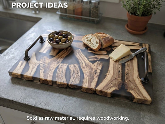 A project idea: a serving tray featuring live edge wood pieces embedded in dark resin.