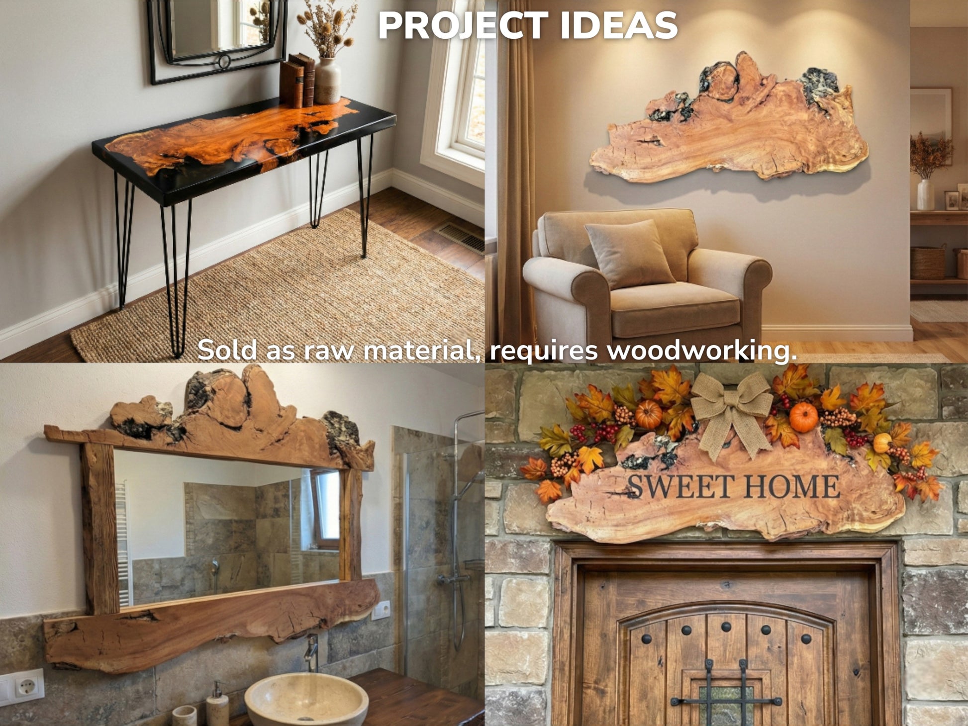 A four-photo collage shows irregular willow slabs used for tables, mirrors, and rustic decor.