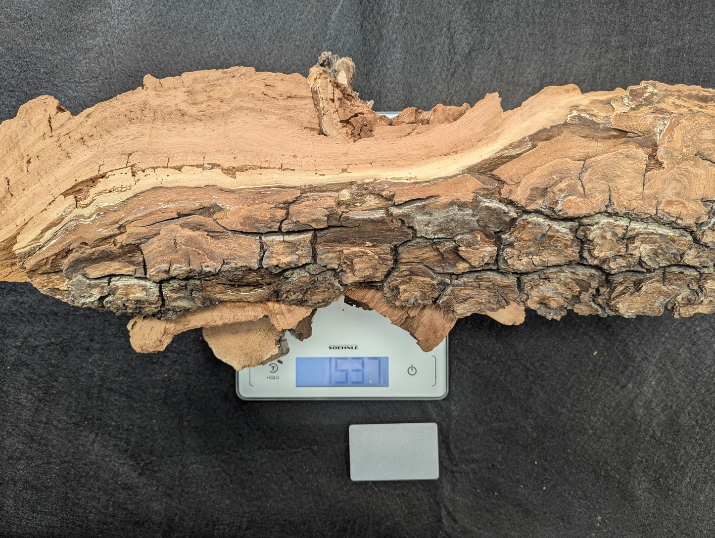 Irregular light and dark brown wood slab with rough, cracked texture rests on a digital scale displaying 153g.
