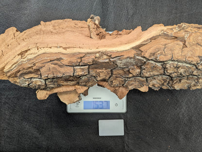 Irregular light and dark brown wood slab with rough, cracked texture rests on a digital scale displaying 153g.