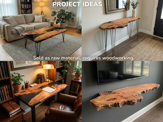 A collage shows finished willow slabs as an epoxy desk, coffee table, console, and shelf.