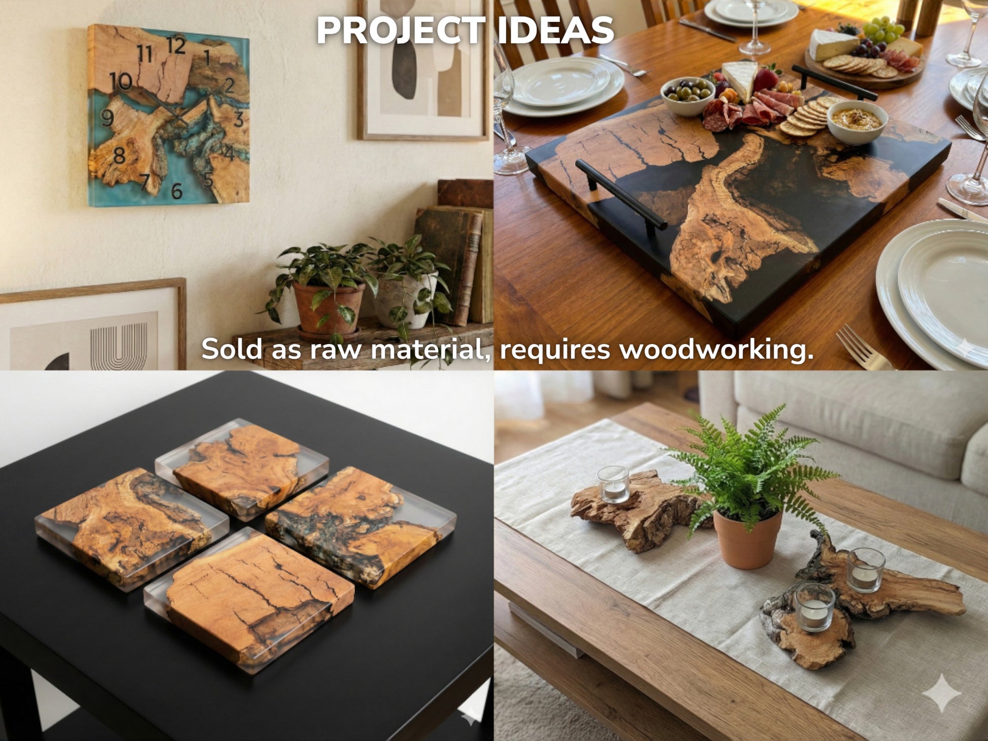A four-panel collage shows rustic wood slabs crafted into resin clocks, trays, and coasters.