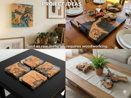 A four-panel collage shows rustic wood slabs crafted into resin clocks, trays, and coasters.