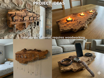 A four-photo collage shows a rustic wood slab as a key rack and candle holder.
