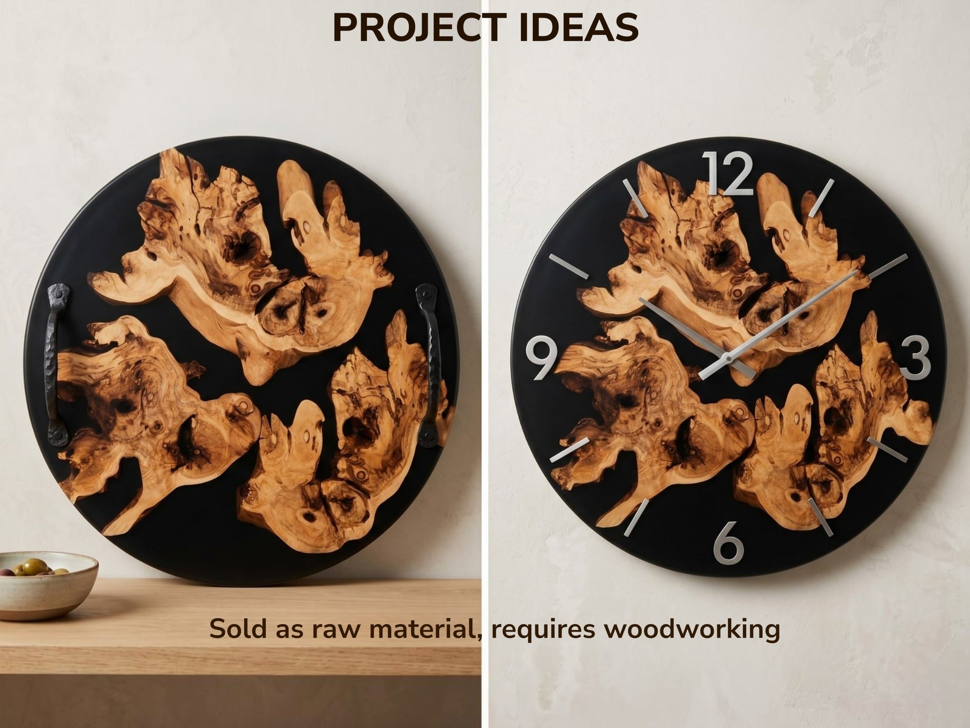 Two project ideas: a serving tray and a clock, both made from elderberry root wood.