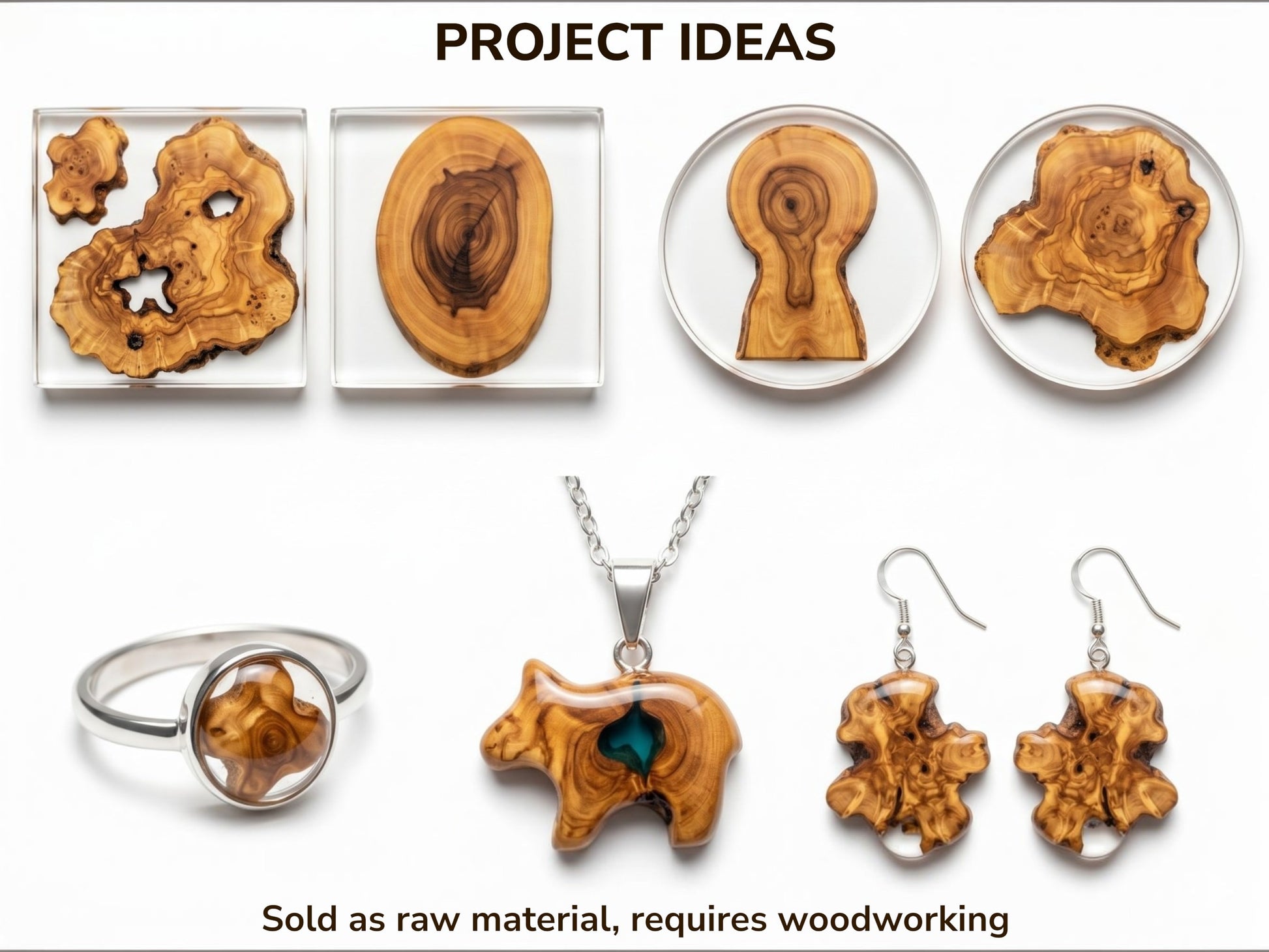 Various elderberry wood pieces, some encased in clear resin, displayed as craft and jewelry ideas.