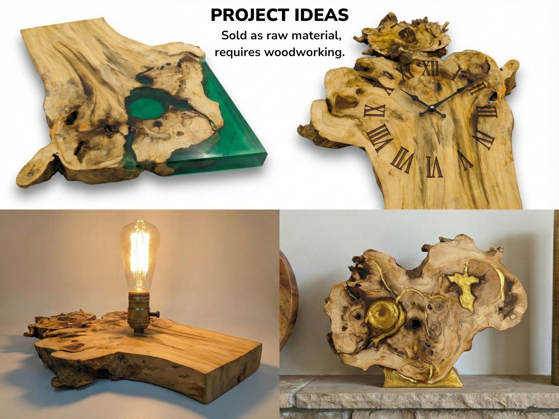 A four-panel grid displays finished elder burl as a clock, lamp, and resin art.