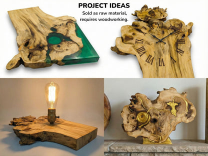 A four-panel grid displays finished elder burl as a clock, lamp, and resin art.