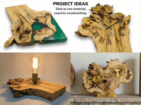 A four-panel grid displays finished elder burl as a clock, lamp, and resin art.