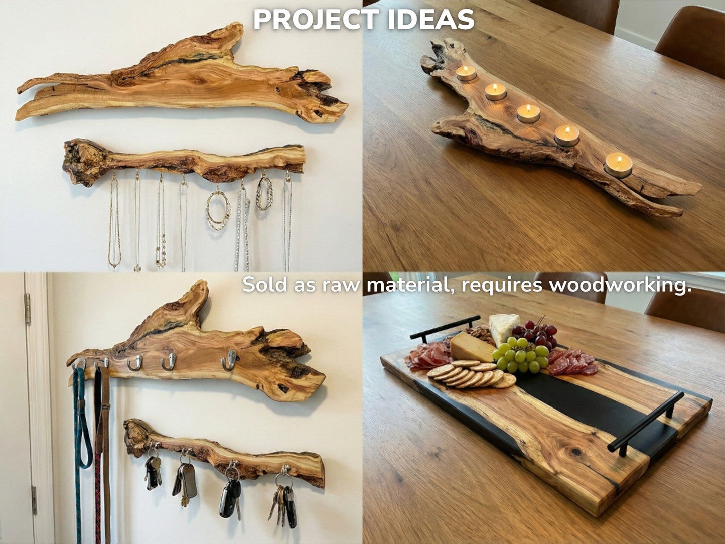 Four-part collage showing wood slices used as jewelry racks, candle holders, key hooks, and trays.