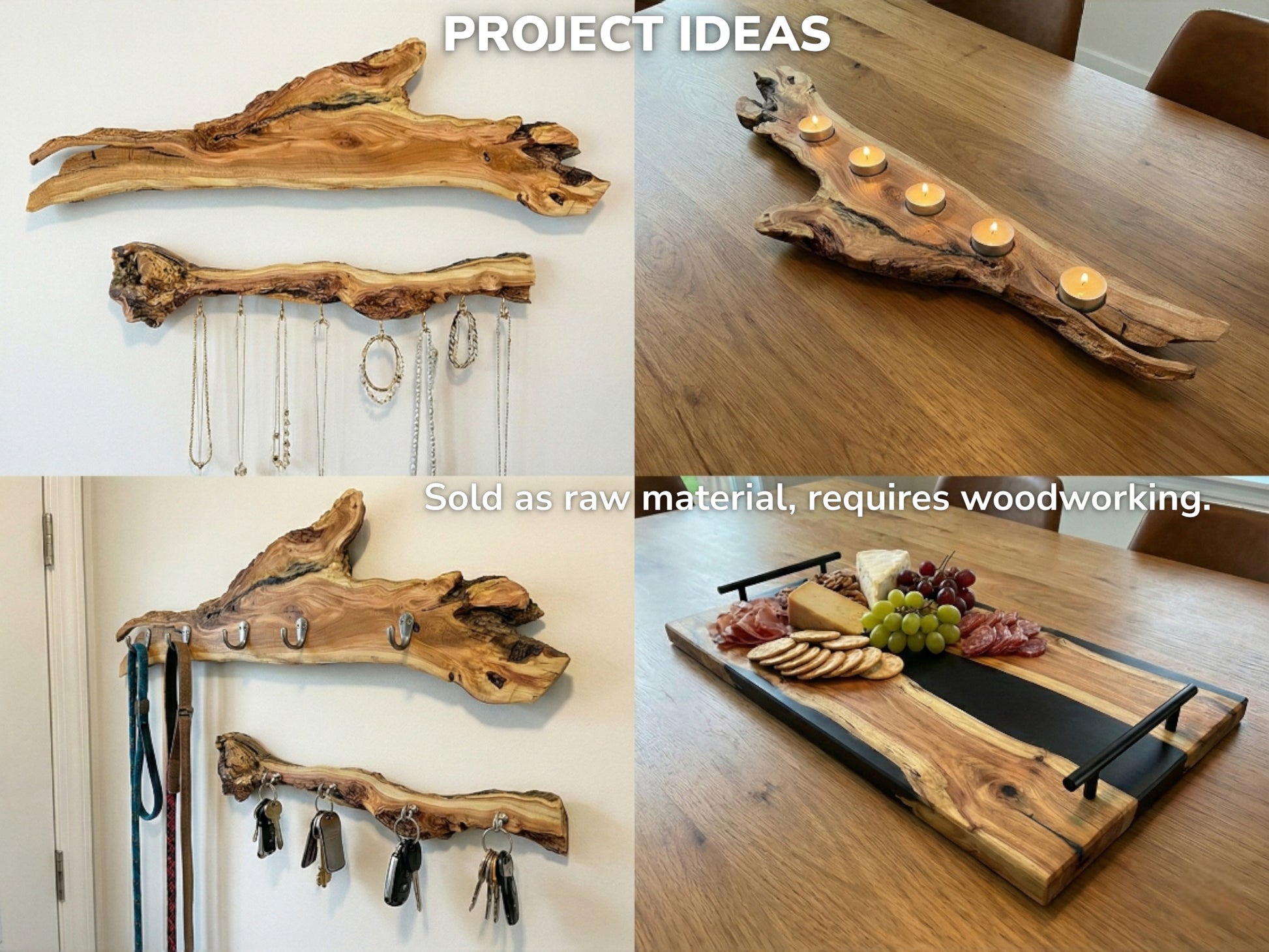 Four-part collage showing wood slices used as jewelry racks, candle holders, key hooks, and trays.