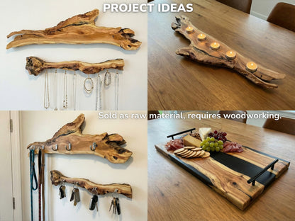 Four-part collage showing wood slices used as jewelry racks, candle holders, key hooks, and trays.