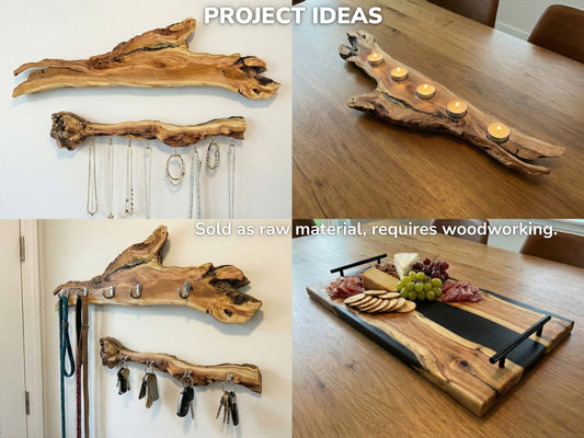 Four-part collage showing wood slices used as jewelry racks, candle holders, key hooks, and trays.