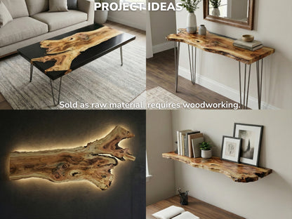 Collage showing finished furniture examples: epoxy coffee table, console, backlit wall art, and floating wood shelf.