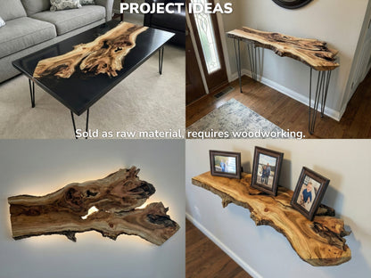 Collage showing various live edge wood project ideas including furniture and wall art designs.