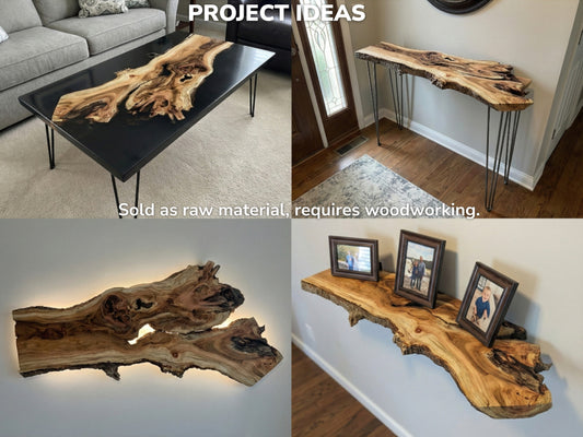 Collage showing various live edge wood project ideas including furniture and wall art designs.
