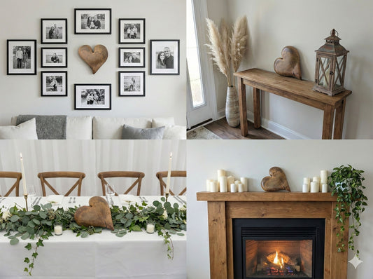 Collage of a hand-carved solid wooden heart displayed on a wall, console table, dining table, and mantel.